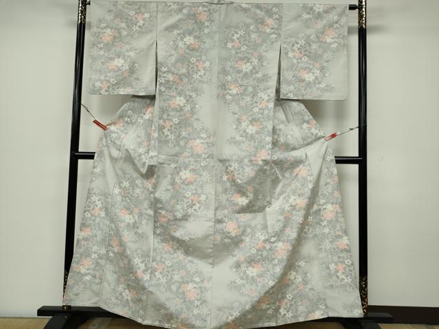平和屋着物▽上質な紬　単衣　草木文　正絹　逸品　CAAV0984ou
