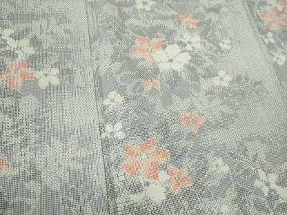 平和屋着物▽上質な紬　単衣　草木文　正絹　逸品　CAAV0984ou