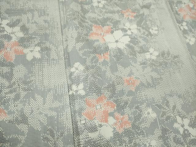平和屋着物▽上質な紬　単衣　草木文　正絹　逸品　CAAV0984ou