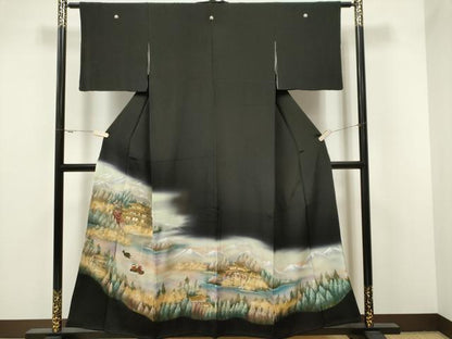 平和屋着物■豪華黒留袖 手描き 鴛鴦風景文 暈し染め 金銀彩 正絹 逸品 CAAV1193ou