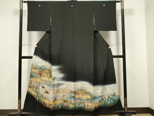 平和屋着物■豪華黒留袖 手描き 鴛鴦風景文 暈し染め 金銀彩 正絹 逸品 CAAV1193ou