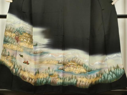 平和屋着物■豪華黒留袖 手描き 鴛鴦風景文 暈し染め 金銀彩 正絹 逸品 CAAV1193ou