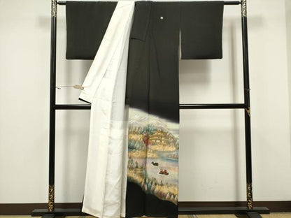 平和屋着物■豪華黒留袖 手描き 鴛鴦風景文 暈し染め 金銀彩 正絹 逸品 CAAV1193ou