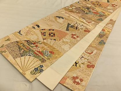 平和屋着物◎六通柄袋帯 扇面花鳥文 金糸 正絹 逸品 CAAV1633qv