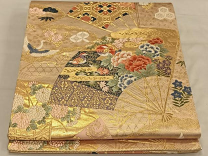 平和屋着物◎六通柄袋帯 扇面花鳥文 金糸 正絹 逸品 CAAV1633qv