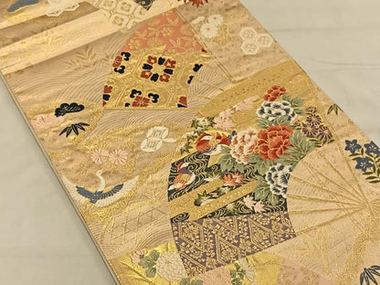 平和屋着物◎六通柄袋帯 扇面花鳥文 金糸 正絹 逸品 CAAV1633qv