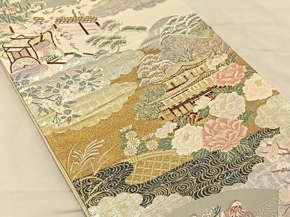 平和屋着物◎六通柄袋帯 唐織 風景花文 金銀糸 正絹 逸品 CAAV1644qv