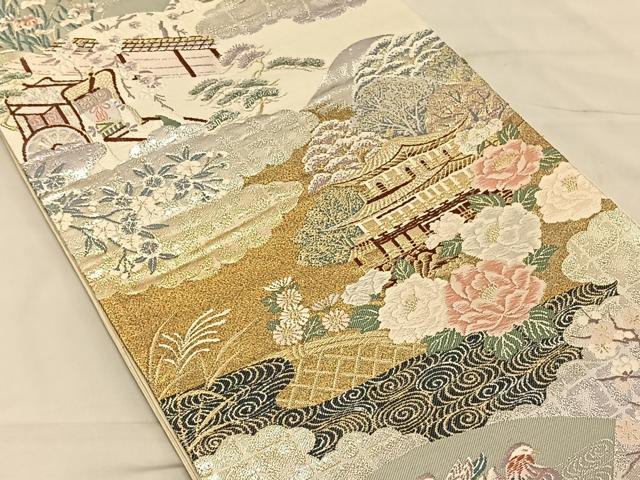平和屋着物◎六通柄袋帯 唐織 風景花文 金銀糸 正絹 逸品 CAAV1644qv
