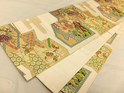 平和屋着物◎六通柄袋帯　屏風風景文　金糸　正絹　逸品　CAAV1678qv