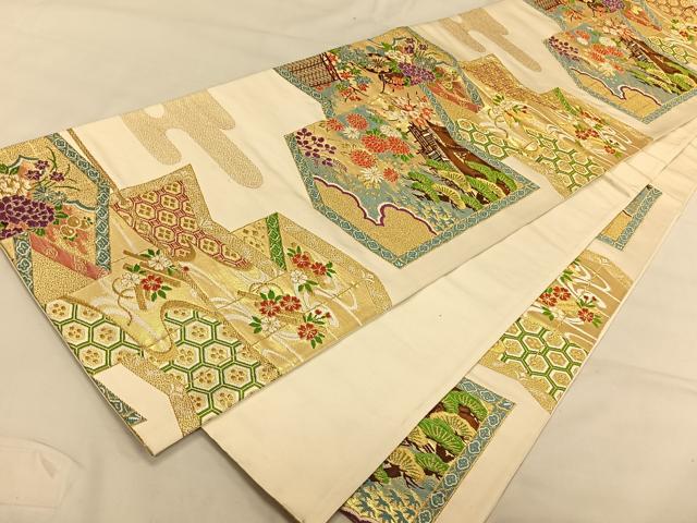 平和屋着物◎六通柄袋帯　屏風風景文　金糸　正絹　逸品　CAAV1678qv