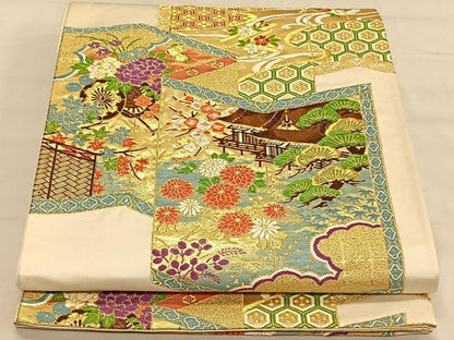 平和屋着物◎六通柄袋帯　屏風風景文　金糸　正絹　逸品　CAAV1678qv