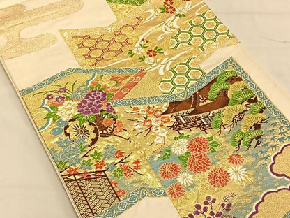 平和屋着物◎六通柄袋帯　屏風風景文　金糸　正絹　逸品　CAAV1678qv