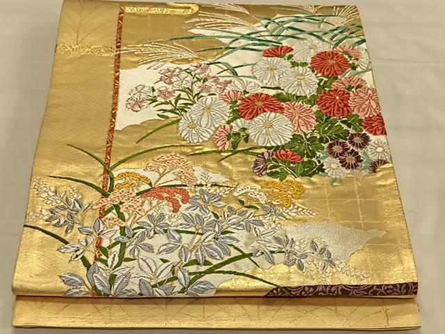 平和屋着物◎太鼓柄袋帯 唐織 草花文 金糸 正絹 逸品 CAAV1679qv