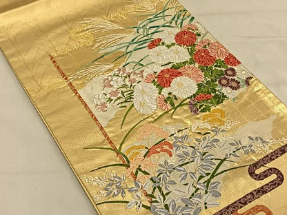 平和屋着物◎太鼓柄袋帯 唐織 草花文 金糸 正絹 逸品 CAAV1679qv