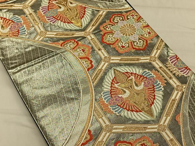 平和屋着物◎六通柄袋帯 唐織 亀甲花鳥文 金銀糸 正絹 逸品 CAAV1684qv