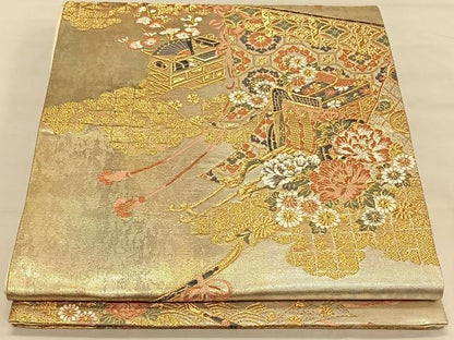 平和屋着物◎六通柄袋帯 唐織 御所車花文 金糸 引箔 正絹 逸品 CAAV1697qv