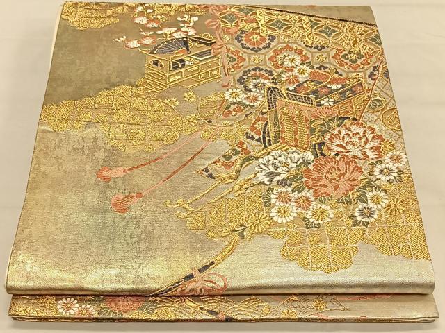 平和屋着物◎六通柄袋帯 唐織 御所車花文 金糸 引箔 正絹 逸品 CAAV1697qv