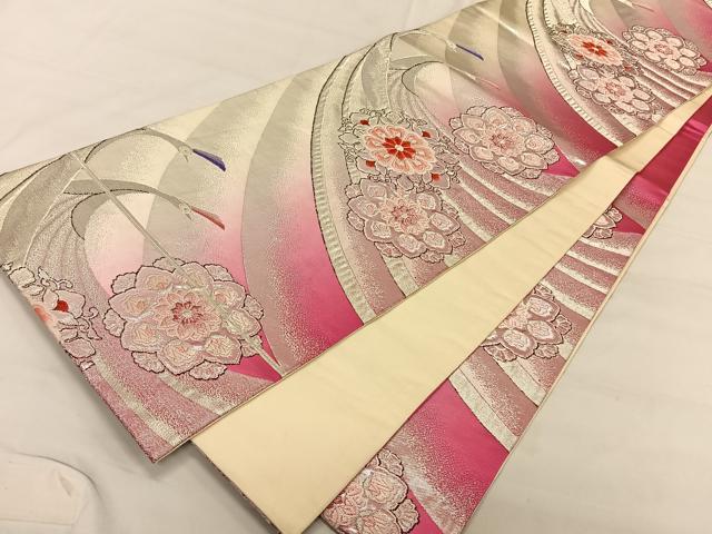 平和屋着物◎六通柄袋帯 唐織 孔雀花文 銀糸 正絹 逸品 CAAV1700qv