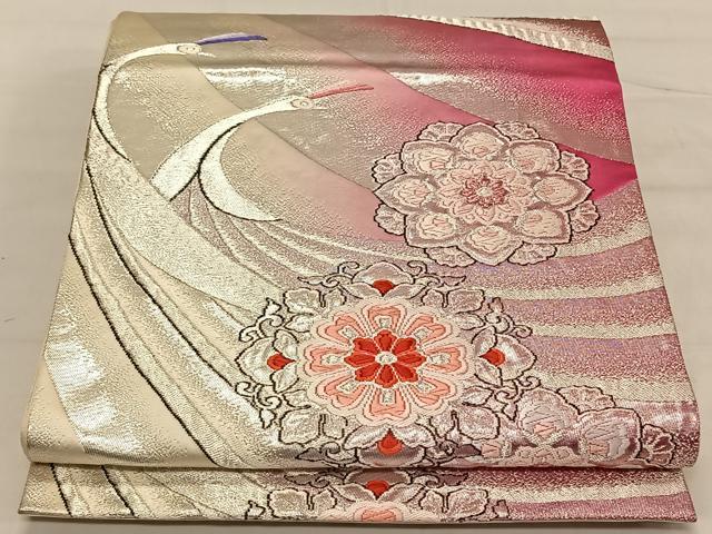 平和屋着物◎六通柄袋帯 唐織 孔雀花文 銀糸 正絹 逸品 CAAV1700qv