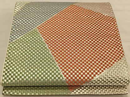 平和屋着物◎六通柄袋帯　唐織　切嵌市松文　銀糸　正絹　逸品　CAAV1752qv