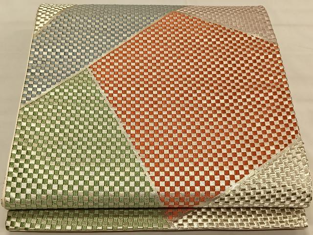 平和屋着物◎六通柄袋帯　唐織　切嵌市松文　銀糸　正絹　逸品　CAAV1752qv