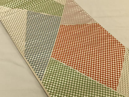 平和屋着物◎六通柄袋帯　唐織　切嵌市松文　銀糸　正絹　逸品　CAAV1752qv