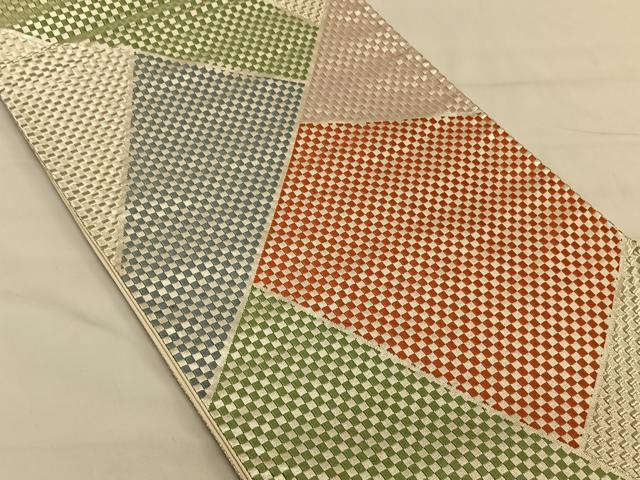 平和屋着物◎六通柄袋帯　唐織　切嵌市松文　銀糸　正絹　逸品　CAAV1752qv