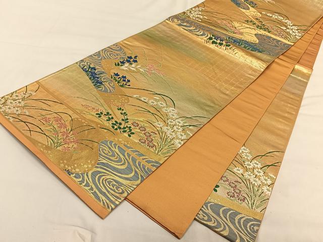 平和屋着物◎六通柄袋帯　流水草花文　金糸　正絹　逸品　CAAV1754qv