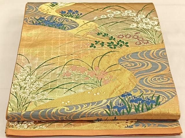 平和屋着物◎六通柄袋帯　流水草花文　金糸　正絹　逸品　CAAV1754qv