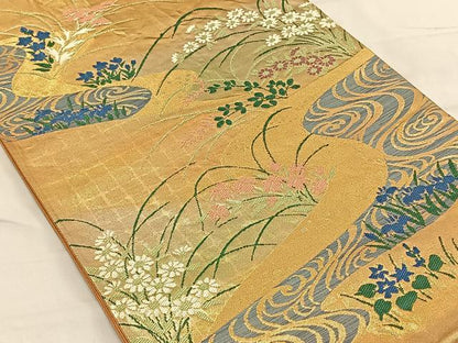 平和屋着物◎六通柄袋帯　流水草花文　金糸　正絹　逸品　CAAV1754qv