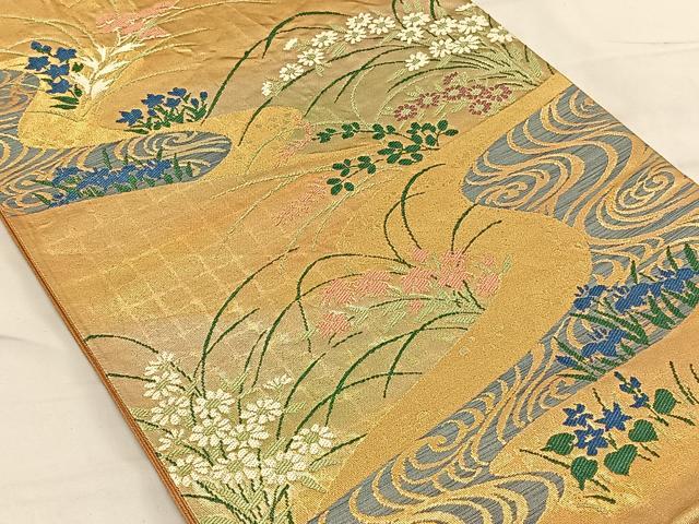 平和屋着物◎六通柄袋帯　流水草花文　金糸　正絹　逸品　CAAV1754qv