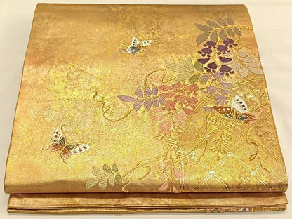 平和屋着物◎六通柄袋帯　花蝶文　金糸　引箔　鈴乃屋扱い　正絹　逸品　CAAV1758qv