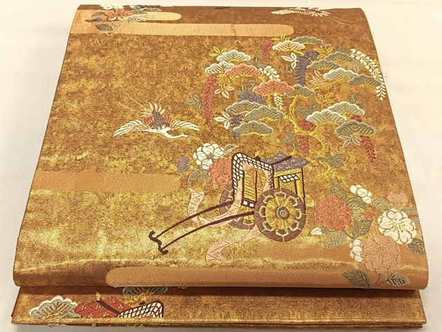 平和屋着物◎六通柄袋帯　唐織　御所車飛鶴花文　金糸　引箔　正絹　逸品　CAAV1759qv