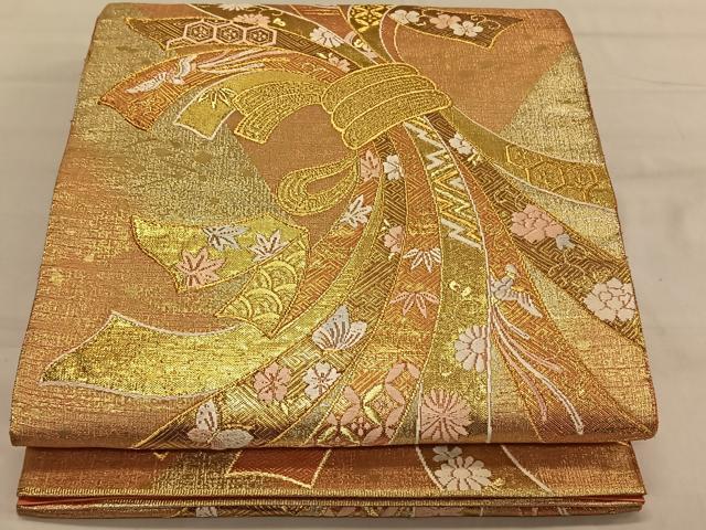 平和屋着物◎六通柄袋帯　唐織　束ね熨斗花蝶文　金銀糸　正絹　逸品　CAAV1766qv