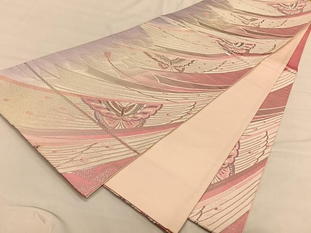 平和屋着物◎六通柄袋帯　舞蝶文　銀糸　正絹　逸品　CAAV1769qv
