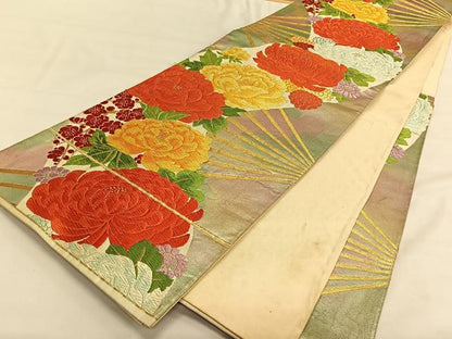 平和屋着物◎六通柄袋帯　唐織　扇面花文　乱菊　金銀糸　正絹　逸品　CAAV1773qv