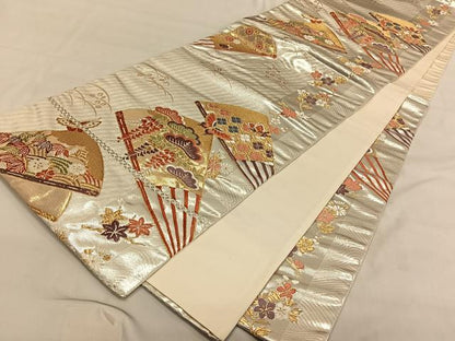 平和屋着物◎六通柄袋帯　唐織　扇面花蝶文　金銀糸　正絹　逸品　CAAV1774qv