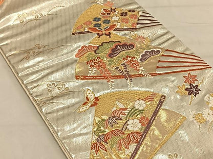 平和屋着物◎六通柄袋帯　唐織　扇面花蝶文　金銀糸　正絹　逸品　CAAV1774qv
