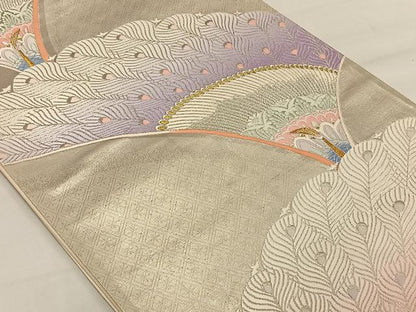 平和屋着物◎六通柄袋帯　唐織　孔雀文　金銀糸　正絹　逸品　CAAV1788qv