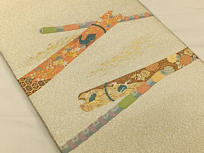 平和屋着物◎太鼓柄袋帯 綴れ 横笛動物花文 金銀糸 正絹 逸品 CAAV1811qv