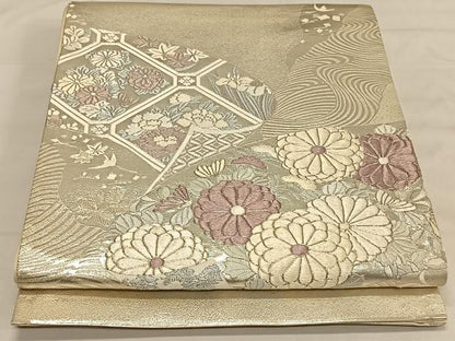 平和屋着物◎太鼓柄袋帯　駒刺繍　地紙吉祥花文　銀糸　正絹　逸品　CAAV1821qv