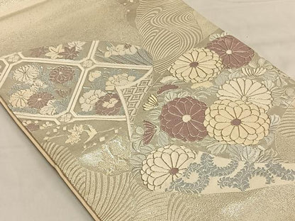 平和屋着物◎太鼓柄袋帯　駒刺繍　地紙吉祥花文　銀糸　正絹　逸品　CAAV1821qv