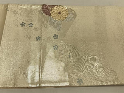 平和屋着物◎太鼓柄袋帯　駒刺繍　地紙吉祥花文　銀糸　正絹　逸品　CAAV1821qv