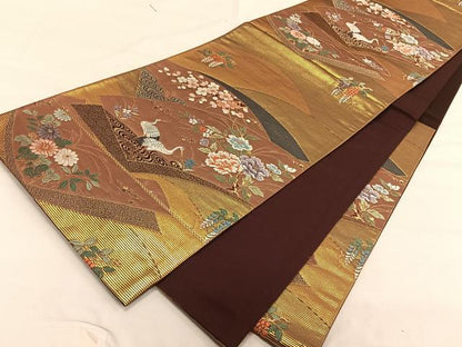 平和屋着物◎六通柄袋帯　唐織　地紙花鳥文　鶴　うるし箔　正絹　逸品　CAAV1839qv