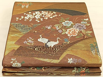 平和屋着物◎六通柄袋帯　唐織　地紙花鳥文　鶴　うるし箔　正絹　逸品　CAAV1839qv