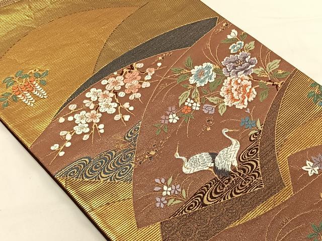 平和屋着物◎六通柄袋帯　唐織　地紙花鳥文　鶴　うるし箔　正絹　逸品　CAAV1839qv