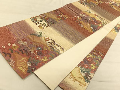 平和屋着物◎六通柄袋帯 唐織 風景花文 金糸 正絹 逸品 CAAV1865qv
