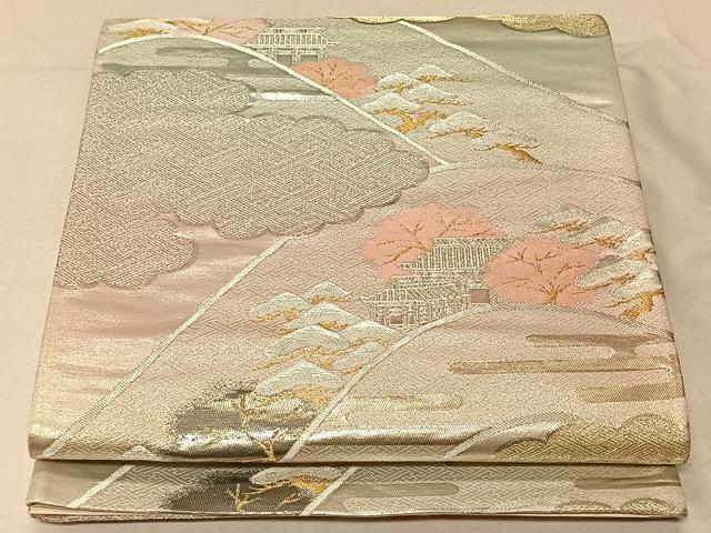 平和屋着物◎六通柄袋帯 風景文 錦プラチナ箔 正絹 逸品 CAAV1876qv