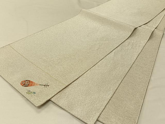 平和屋着物◎全通柄袋帯　霞文　楽器　ワンポイント　銀糸　正絹　逸品　CAAV1896qv