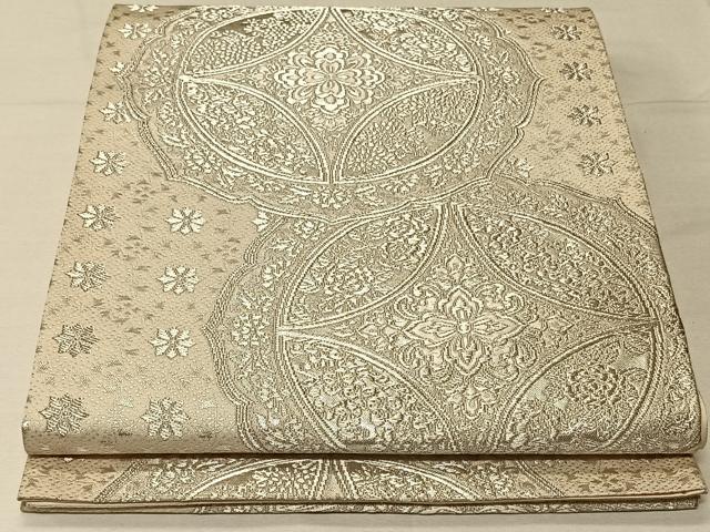 平和屋着物◎六通柄袋帯 唐織り 花絵皿文 銀糸 正絹 逸品 CAAV1902qv